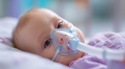 Adorable Baby with Oxygen Mask in Hospital Bed, Close-Up of Resilience and Hope for Healthcare Content