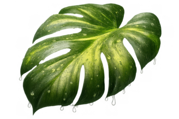 Variegated monstera leaf with water drops on a transparent background, tropical plant foliage