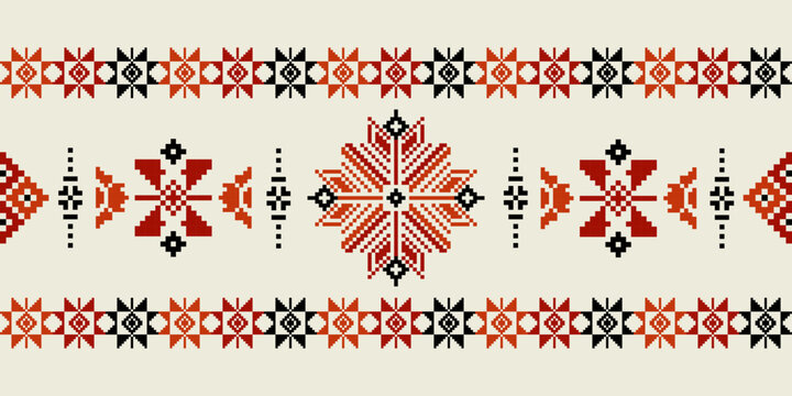Ethnic geometric pixel art border. Perfect for traditional textile designs, folk-style stationery, cultural branding, and decorative backgrounds. Vibrant red and black embroidery-style vector.