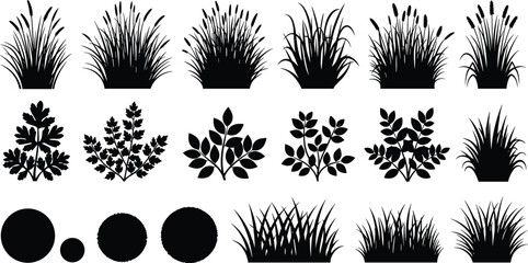 Collection of black vector silhouettes featuring grass, bushes, herbs, and plants isolated on white background for nature landscape design © Raihan
