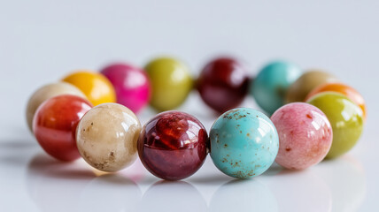 Handmade colorful beaded bracelet with shiny round beads on a white background.