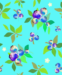 Seamless background with botanical elements. Blueberries with green leaves or branches with blue fruits for blueberry day decor. Vector.