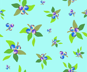 Seamless background with botanical elements. Blueberries with green leaves or branches with blue fruits for blueberry day decor. Vector.