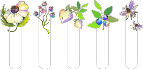 Vintage bohemian bookmarks with flowers, blueberries, and butterflies on a white background. Decorations for studying, hobbies and holidays. Vector.