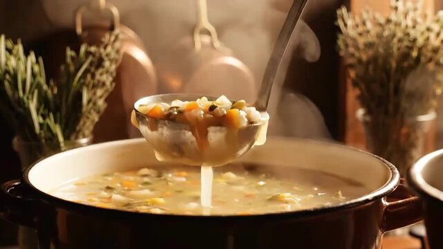 Rustic Kitchen Scene: Preparing Wholesome Homemade Vegetable Soup For Comfort Food