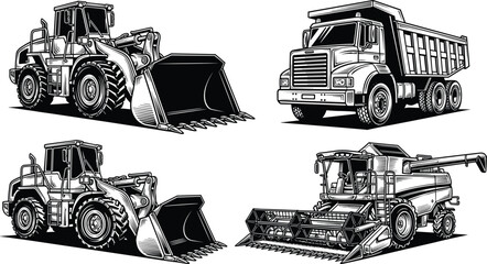 Set of black and white vector illustrations comprising wheel loader, dump truck, and combine harvester isolated on white background © Raihan