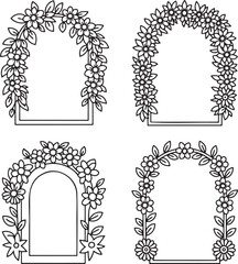 Set of Floral archways Outline vector illustration isolated On Transparent Background