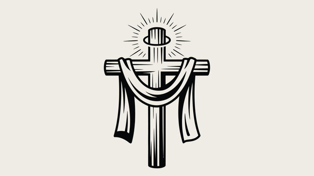A solemn black and white illustration depicts a wooden cross draped with flowing fabric and radiating light - Powered by Adobe