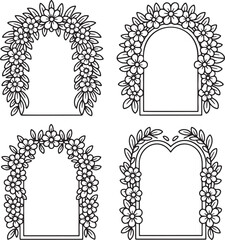 Set of Floral archways Outline vector illustration isolated On Transparent Background