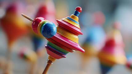 Colorful spinning top toy with close-up view and dynamic rotation.