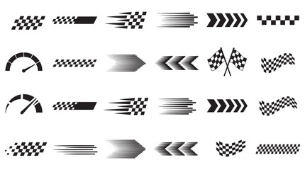 Versatile vector racing graphics set featuring checkered flags, speed lines, arrows, and gauges for automotive, sports, and fast-paced design concepts © Jackie K. Penn