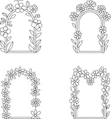 Set of Floral archways Outline vector illustration isolated On Transparent Background
