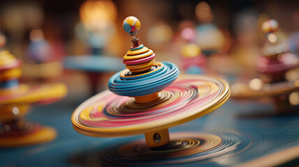 Colorful spinning top toy with close-up view and dynamic rotation.