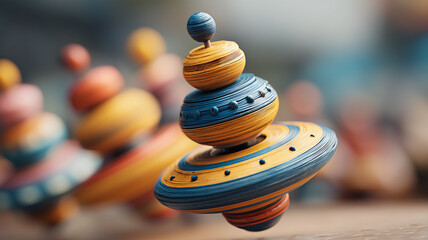 Colorful spinning top toy with close-up view and dynamic rotation.
