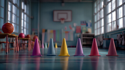 Photo of colorful cones on the floor in an empty school gymnasium, pastel colors, bright light from large windows, children's chairs and tables with books nearby, basketball hoop
