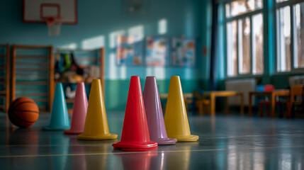 Photo of colorful cones on the floor in an empty school gymnasium, pastel colors, bright light from large windows, children's chairs and tables with books nearby, basketball hoop