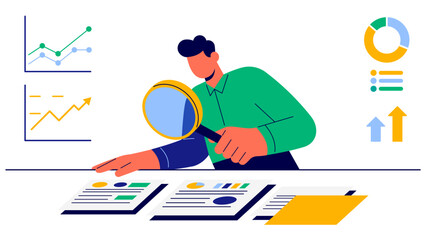 Attention to Detail Concept with Professional Analyzing Documents Using Magnifying Glass Flat Design Illustration