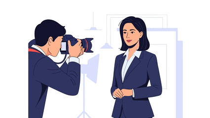 Professional photographer capturing a corporate portrait of a businesswoman in a bright studio setting, emphasizing expert photography services for business profiles and branding