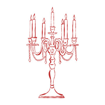 A hand-drawn vintage candelabra with candles and red pearl beads. Vector outline illustration in a retro sketchy style