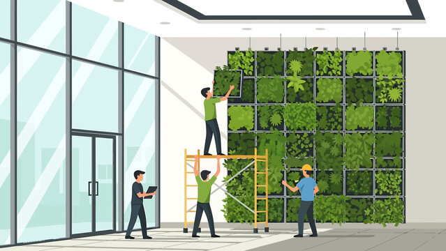Professional team installing a vibrant living green wall inside a contemporary office building, promoting sustainable design and a healthy work environment