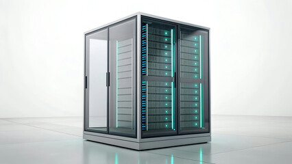 Suggested simple name for the image:
Modern office with rack servers and large windows