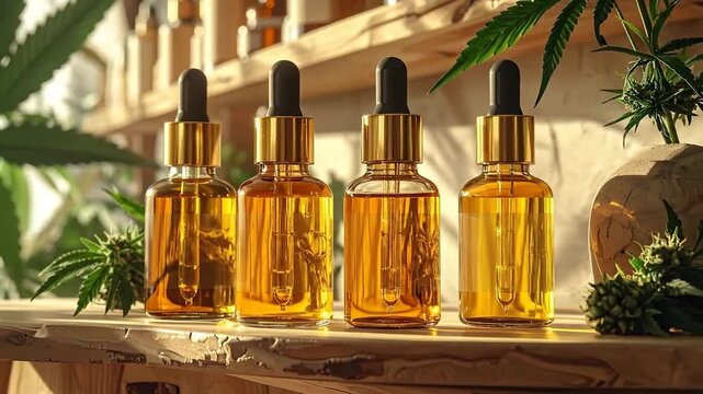 Golden liquid in dropper bottles with blank labels, arranged with vibrant green plant leaves.