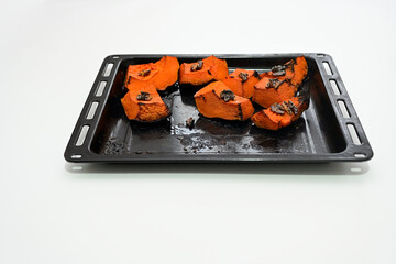 Delicious traditional roasted pumpkin slices topped with walnuts. Sustainable and natural dessert background featuring copy space for mindfulness, balance and herbal nutrition themes.