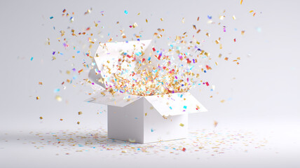 Door prize giving concept with a surprise gift box being opened containing a gift inside, dynamic confetti splash, clean white background.