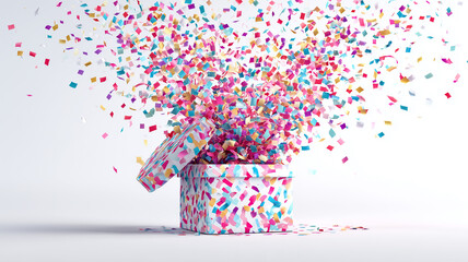 Door prize giving concept with a surprise gift box being opened containing a gift inside, dynamic confetti splash, clean white background.