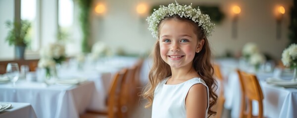 Young girl in white dress, flower crown smiles happily after first holy communion ceremony. In decorated restaurant venue ready for family gathering, celebration feast. Special religious sacrament