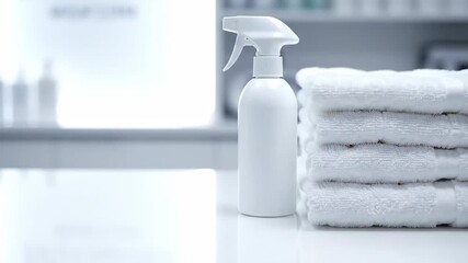 Spray bottle and folded towels by window, cleaning product mockup