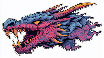 Dragon sticker design, fierce dragon illustration with bold outline, bright colors, clean white background.