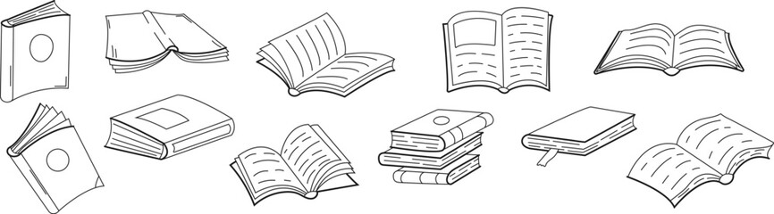 Hand drawn book line art set with open and closed books in outline style. Minimalist sketch illustrations perfect for education, learning, library concepts, publishing, blogging, posters and graphic d