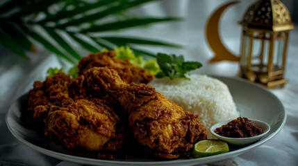 Photo of delicious deep-fried chicken on a plate with rice, accompanied by sambal and a wedge of lime.