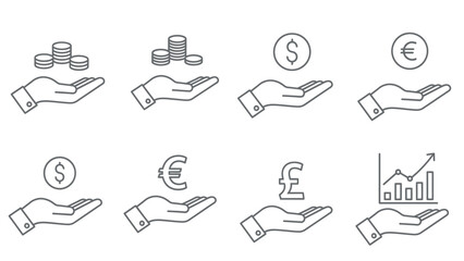 Set of handdrawn icons depicting hands holding various currency symbols and financial graphs.