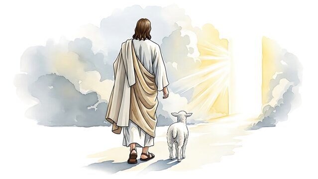 Watercolor illustration of Jesus as the Good Shepherd with lamb