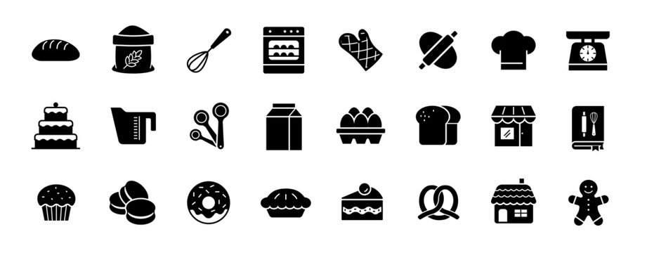 Bakery icon set. Dessert and kitchen tools symbol. Vector illustration.