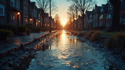 Urban Residential Street During Sunset with Water Canal and Warm Lighting