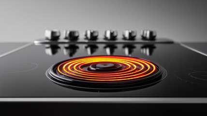 A lit electric stove with a glowing heating element is seen isolated on a white background.