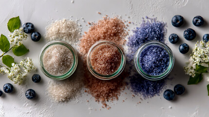 Photo of different-colored sea salt in mason jars, with flowers and blueberries, on a white background, in a flat lay, top-down view.