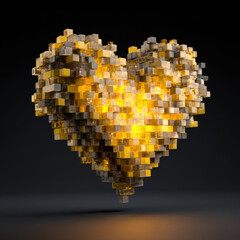 luminous heart-shaped structure composed of golden and metallic cubes glows warmly in a dark space, symbolizing digital love, innovation, and modern emotion