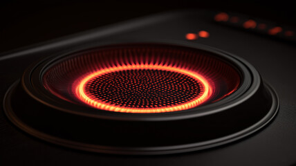 A lit electric stove with a glowing heating element is seen isolated on a white background.