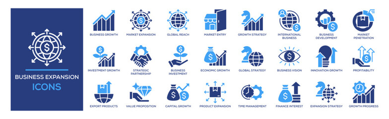 Business Expansion icon set. Containing design Business Growth, Market Expansion, Global Reach, Market Entry, Growth Strategy. Solid icon collection.