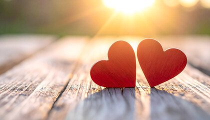 Two weathered red wooden hearts rest together on a rustic, gray timber surface, illuminated by soft, warm sunlight, symbolizing love, romance, and companionship.