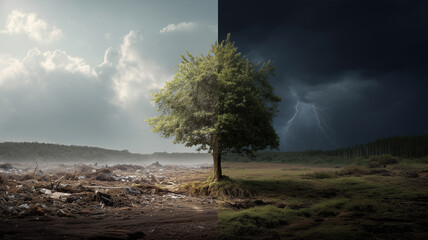 An environmental awareness campaign poster showing the contrast between polluted land and restored green nature.