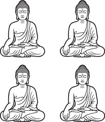 Set of Meditating Buddha Outline vector illustration isolated On Transparent Background