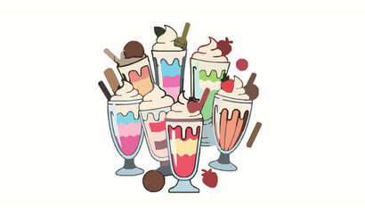 Cute cartoon milkshake with whipped cream vector collection for sweet dessert drinks isolated on white