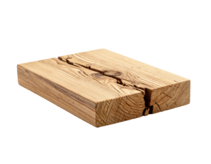 Isolated, textured close-up of a rectangular, light-brown, wooden block with a deep crack