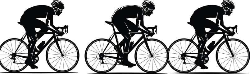 Naklejka premium Cyclist silhouette vector illustration set, group of men riding road racing bicycles isolated on white background for sports design