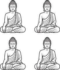 Set of Meditating Buddha Outline vector illustration isolated On Transparent Background